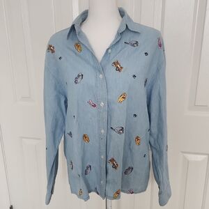 Vintage Disney Denim 100% Cotton Button Down Shirt Large Winnie The Pooh